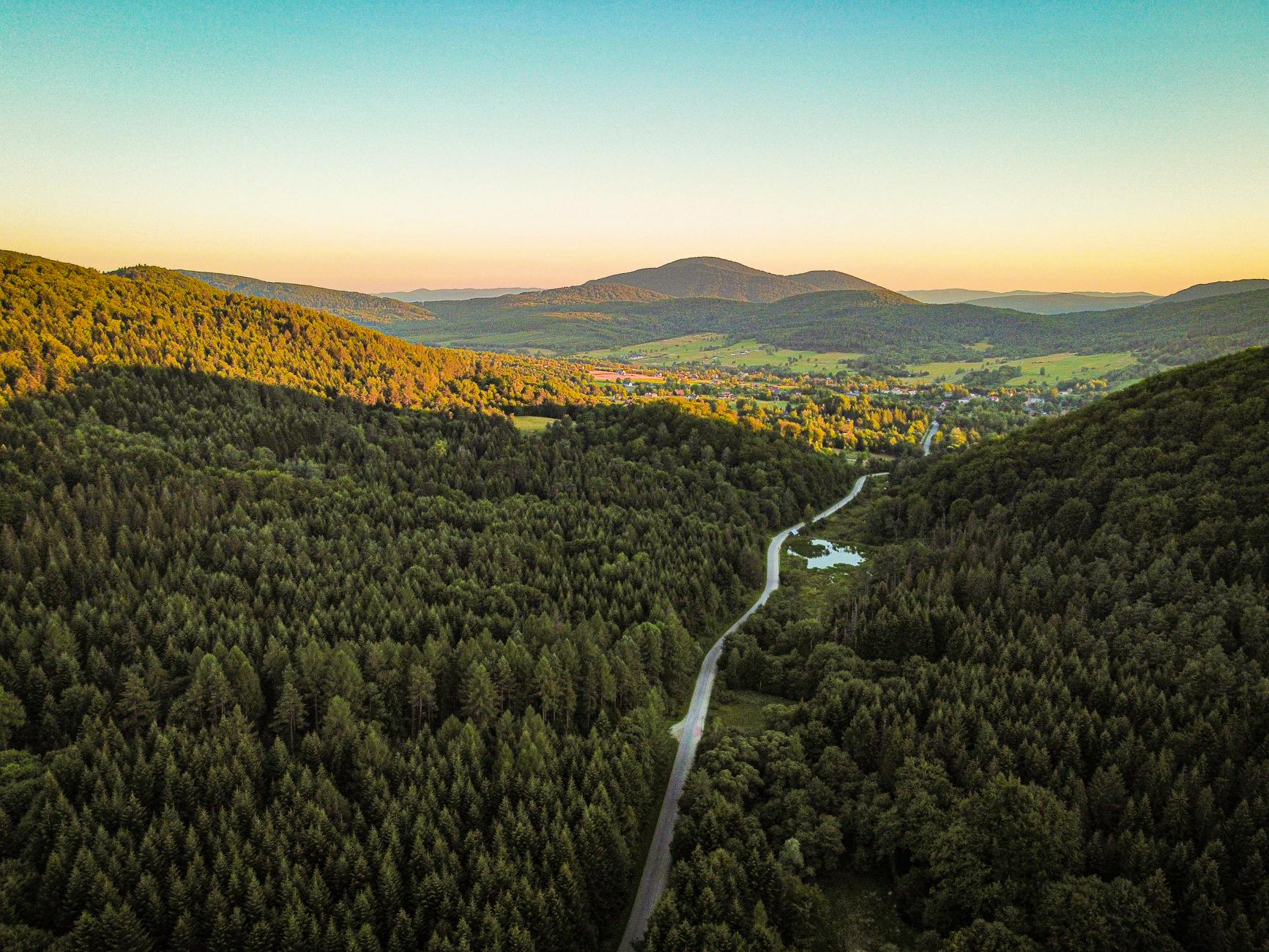 Widok na zabytkowe budynki uzdrowiskowe w Szczawnie-Zdroju otoczone zielenią parku.
